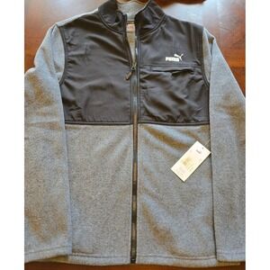 Puma Mens Polar Fleece Jacket Woven Overlay Charcoal Heather Black Zip S New